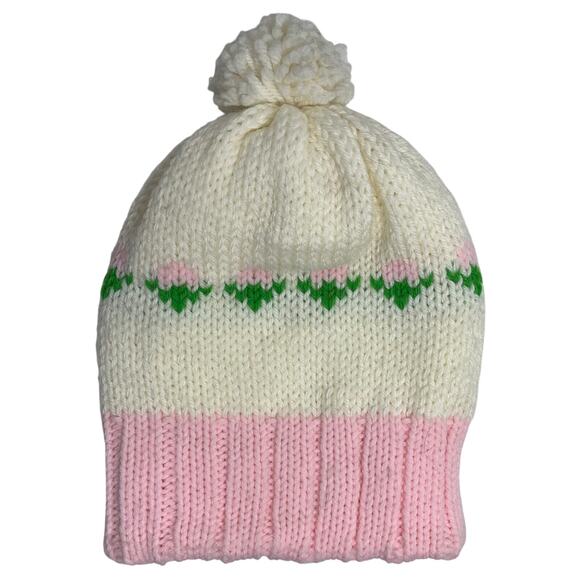 Cream and Pink Thick Chunky Knit Pom Pom Beanie Adult One Size - Picture 1 of 2